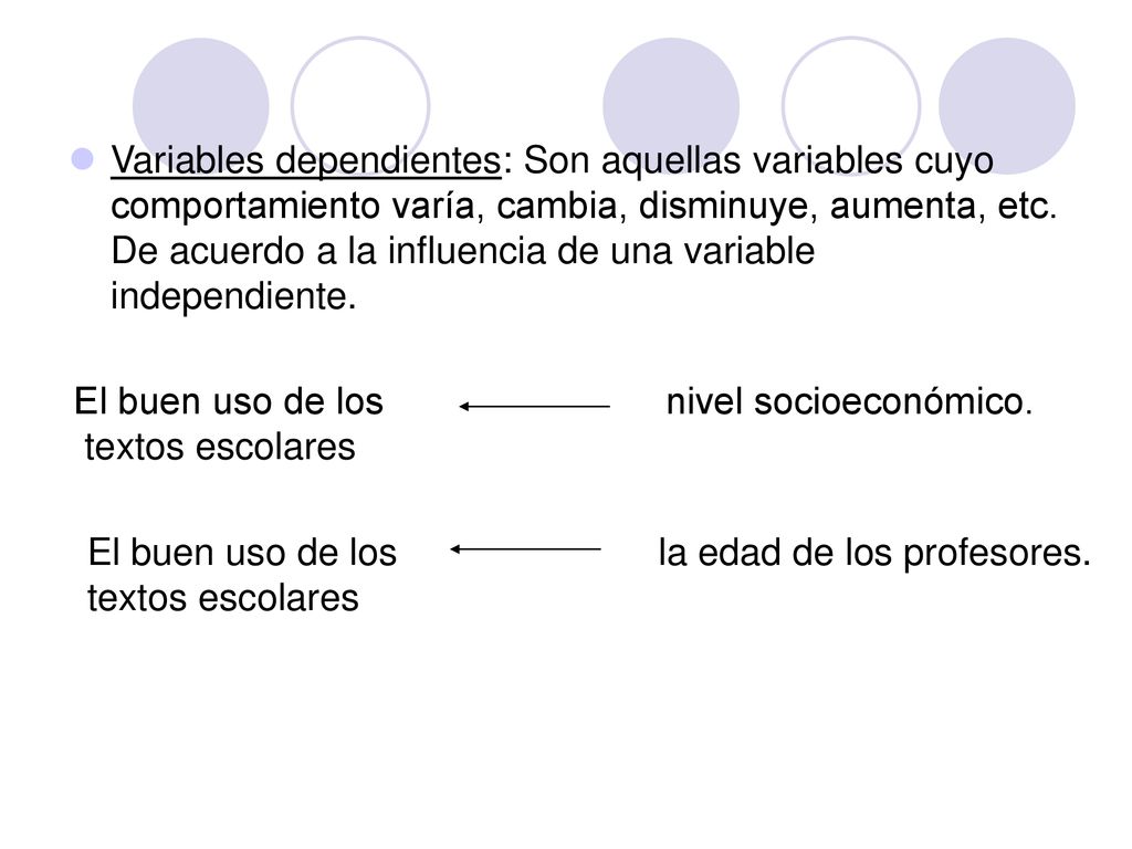 Variables dependientes: Son aquellas variables cuyo comportamiento varía, cambia, disminuye, aumenta, etc. De acuerdo a la influencia de una variable independiente.