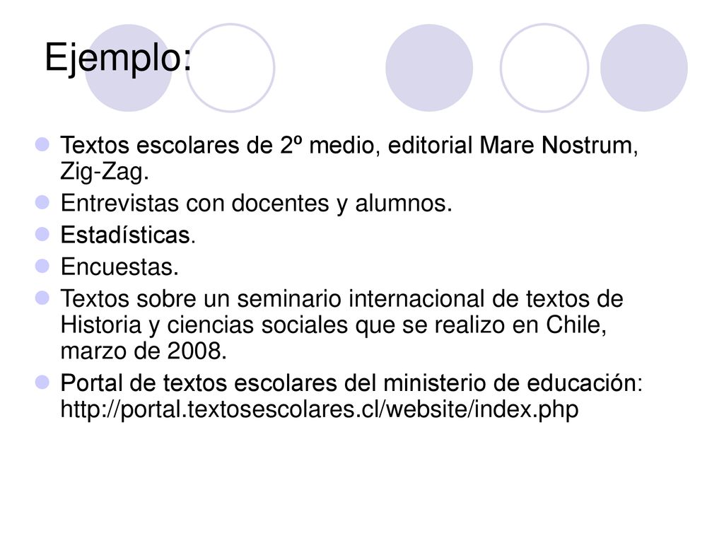 Ejemplo: Textos escolares de 2º medio, editorial Mare Nostrum, Zig-Zag. Entrevistas con docentes y alumnos.