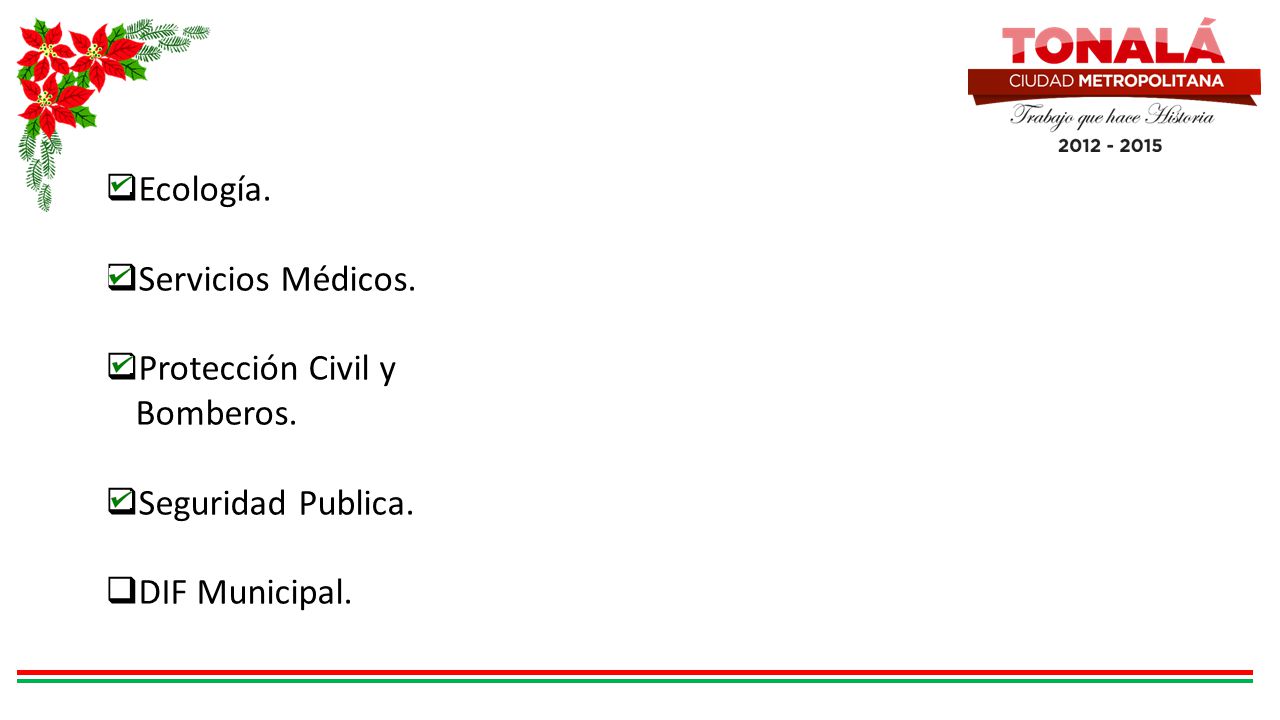 Ecología. Servicios Médicos. Protección Civil y Bomberos. Seguridad Publica. DIF Municipal.