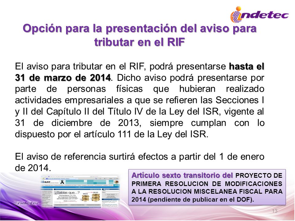 Opción para la presentación del aviso para tributar en el RIF