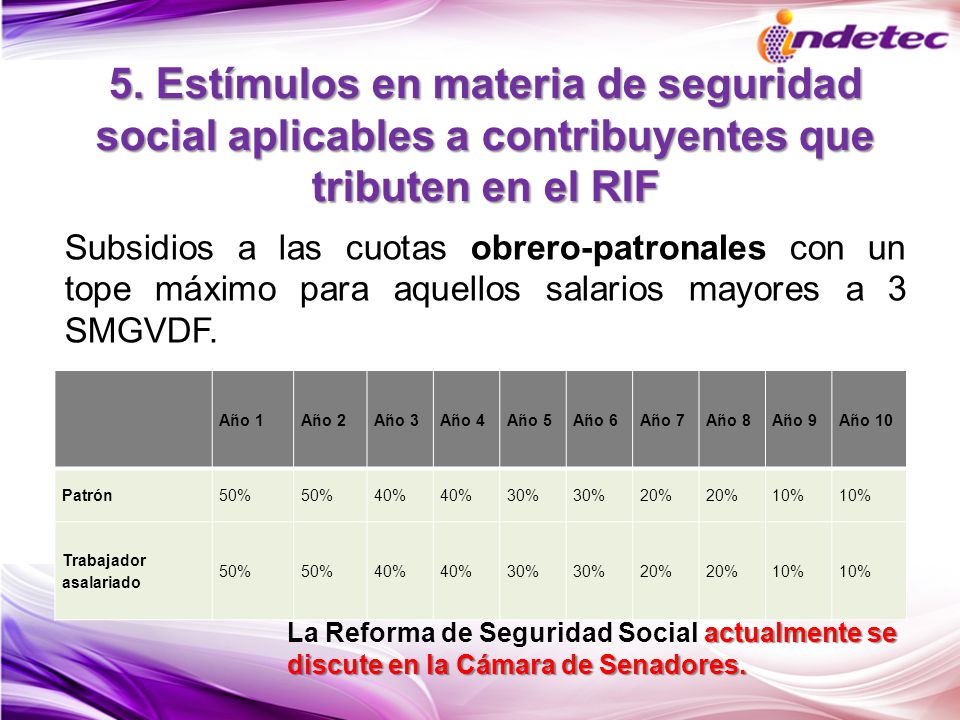 5. Estímulos en materia de seguridad social aplicables a contribuyentes que tributen en el RIF