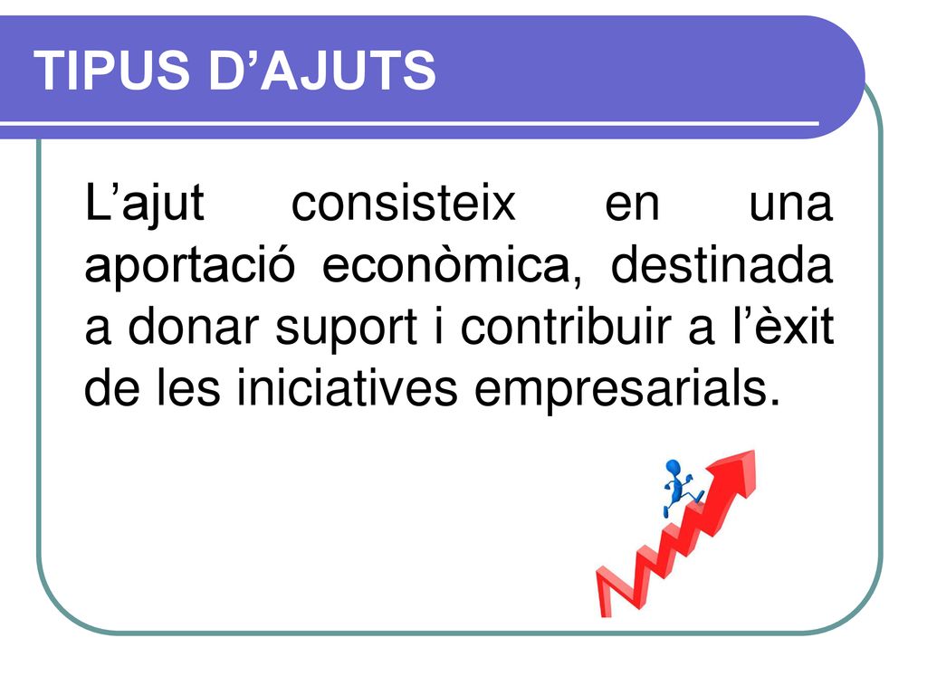 TIPUS D’AJUTS L’ajut consisteix en una aportació econòmica, destinada a donar suport i contribuir a l’èxit de les iniciatives empresarials.