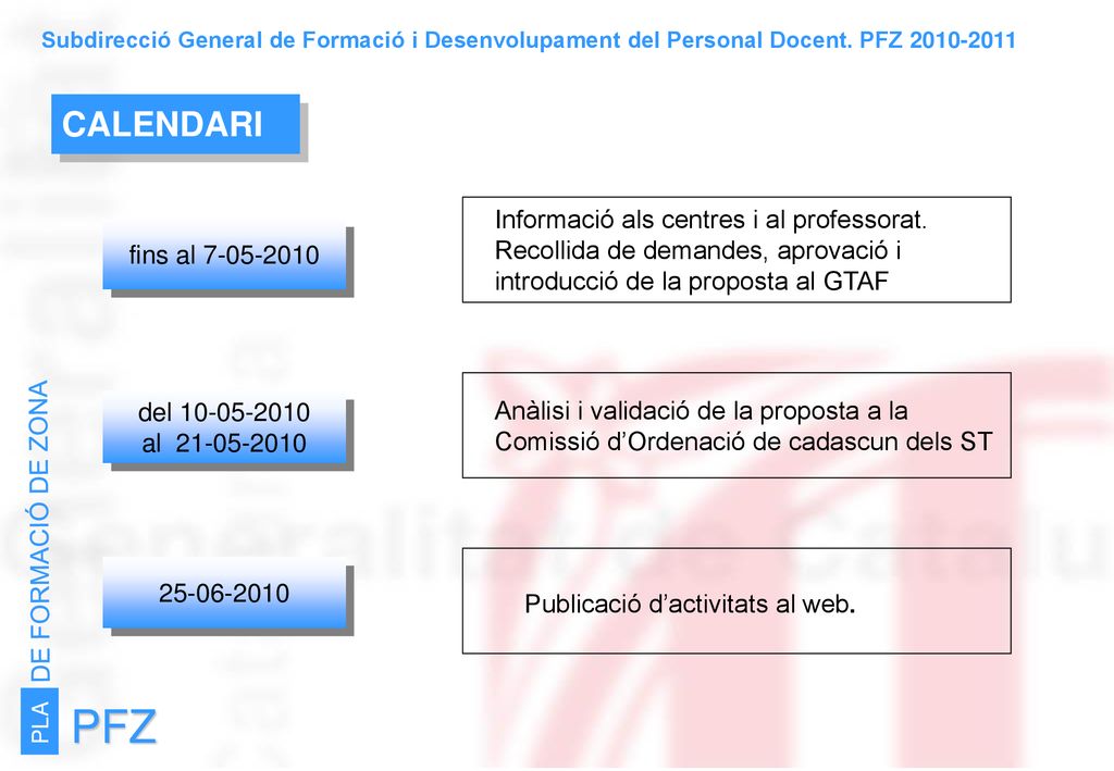 PFZ CALENDARI Informació als centres i al professorat.