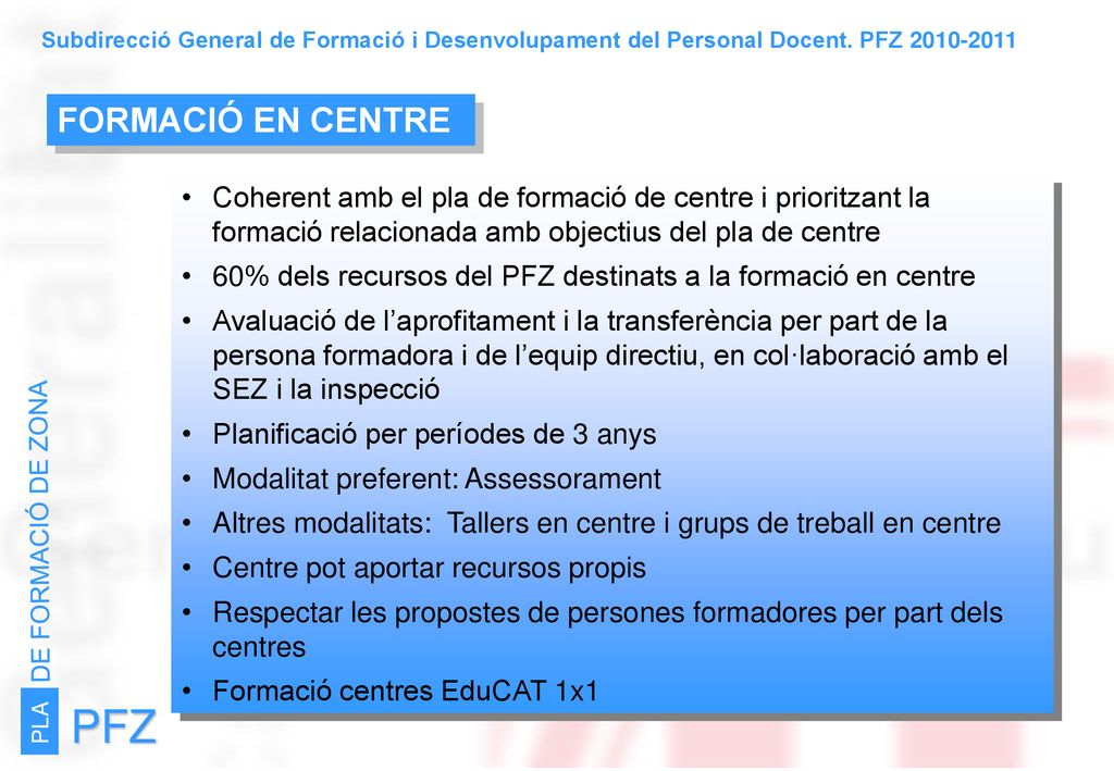 DE FORMACIÓ DE ZONA PLA. PFZ. Subdirecció General de Formació i Desenvolupament del Personal Docent. PFZ