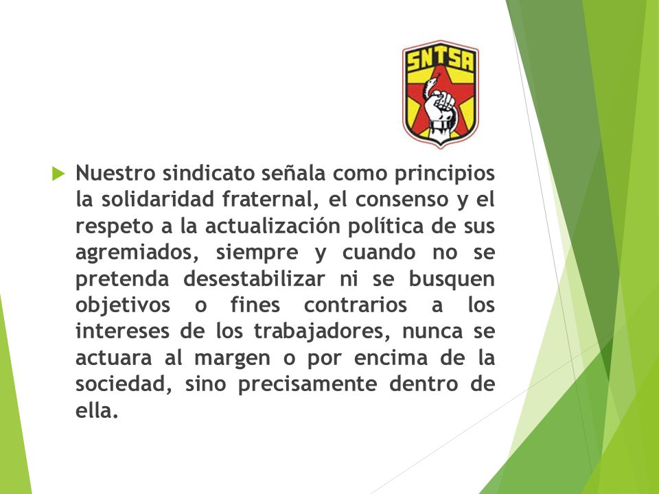 Nuestro sindicato señala como principios la solidaridad fraternal, el consenso y el respeto a la actualización política de sus agremiados, siempre y cuando no se pretenda desestabilizar ni se busquen objetivos o fines contrarios a los intereses de los trabajadores, nunca se actuara al margen o por encima de la sociedad, sino precisamente dentro de ella.