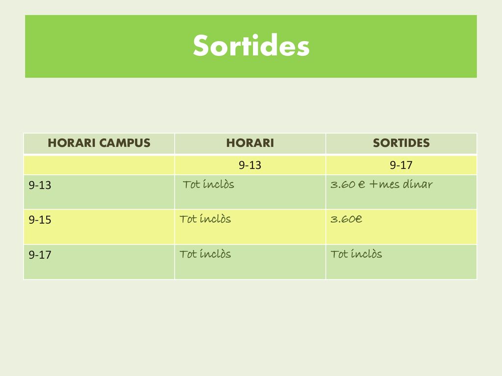 Sortides HORARI CAMPUS HORARI SORTIDES Tot inclòs