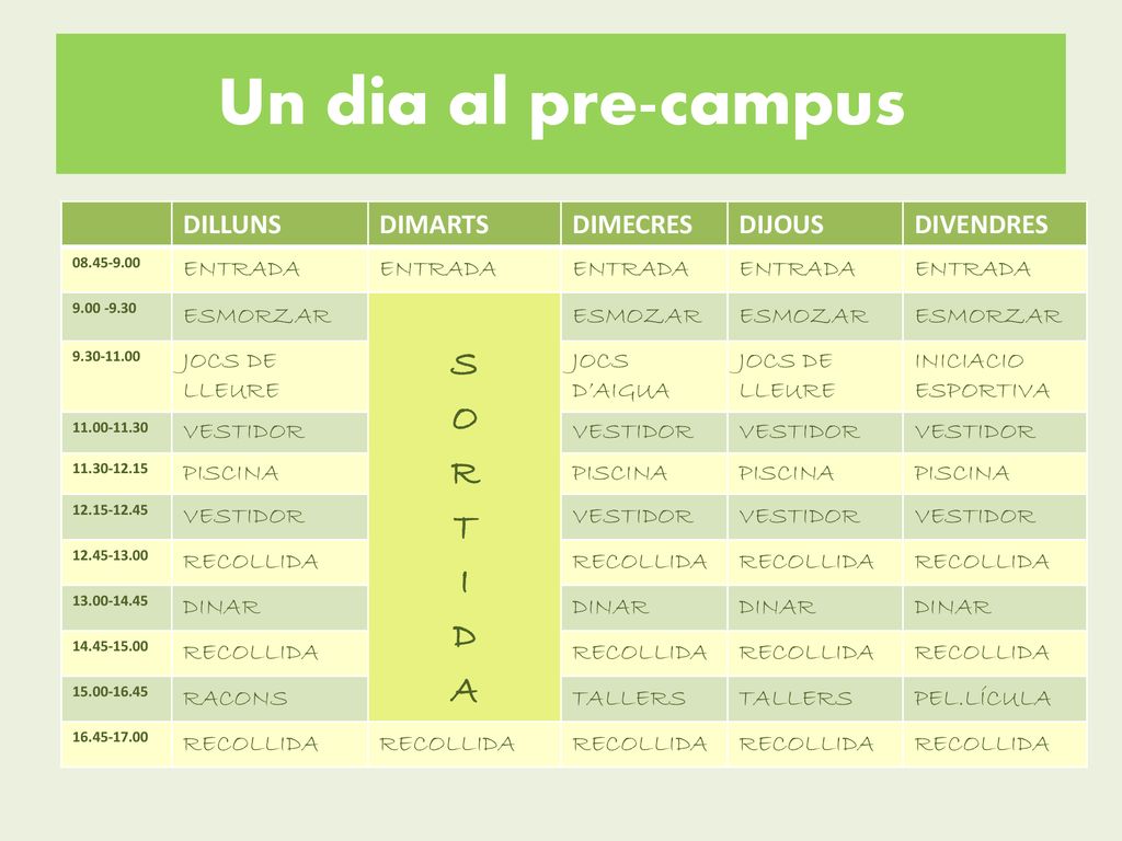 Un dia al pre-campus DILLUNS DIMARTS DIMECRES DIJOUS DIVENDRES ENTRADA