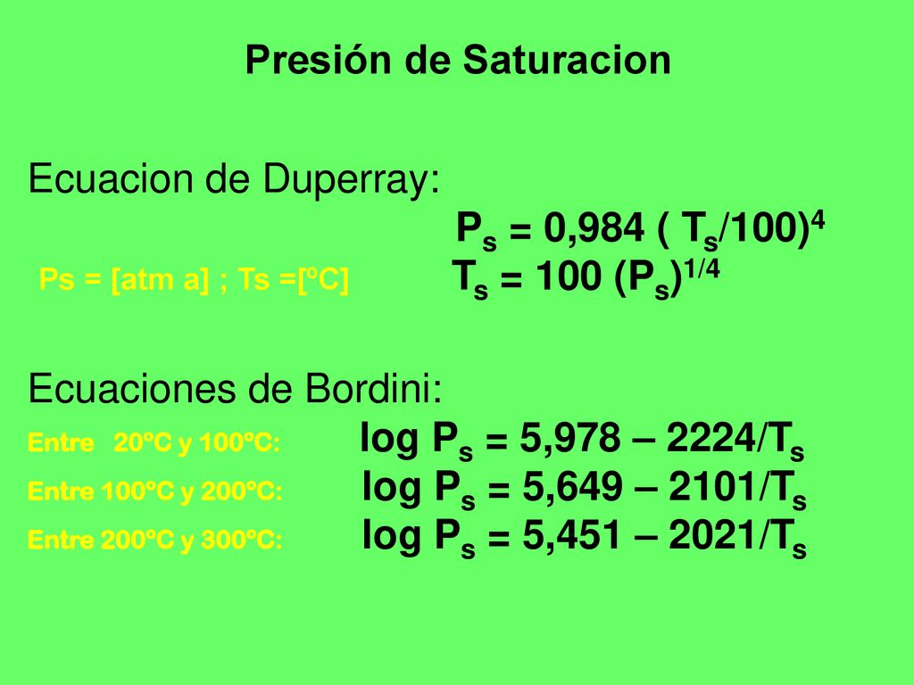 Ps = [atm a] ; Ts =[ºC] Ts = 100 (Ps)1/4 Ecuaciones de Bordini: