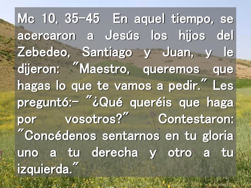 Mc 10, En aquel tiempo, se acercaron a Jesús los hijos del Zebedeo, Santiago y Juan, y le dijeron: Maestro, queremos que hagas lo que te vamos a pedir. Les preguntó:- ¿Qué queréis que haga por vosotros Contestaron: Concédenos sentarnos en tu gloria uno a tu derecha y otro a tu izquierda.