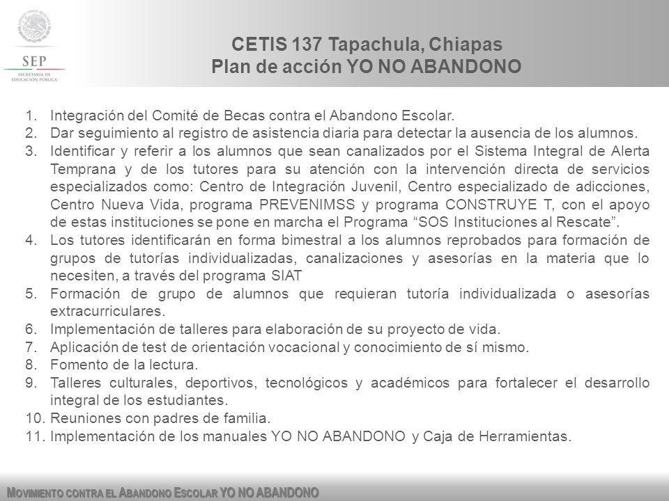 CETIS 137 Tapachula, Chiapas Plan de acción YO NO ABANDONO