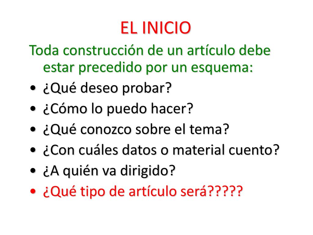 EL INICIO Toda construcción de un artículo debe estar precedido por un esquema: ¿Qué deseo probar