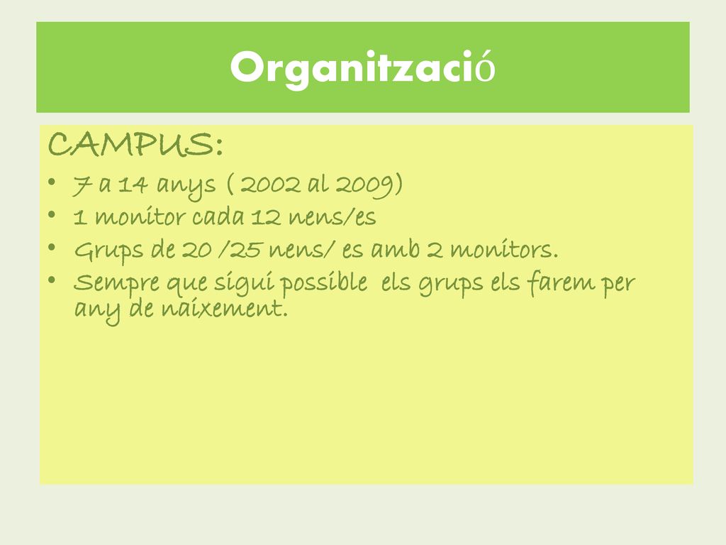 Organització CAMPUS: 7 a 14 anys ( 2002 al 2009)