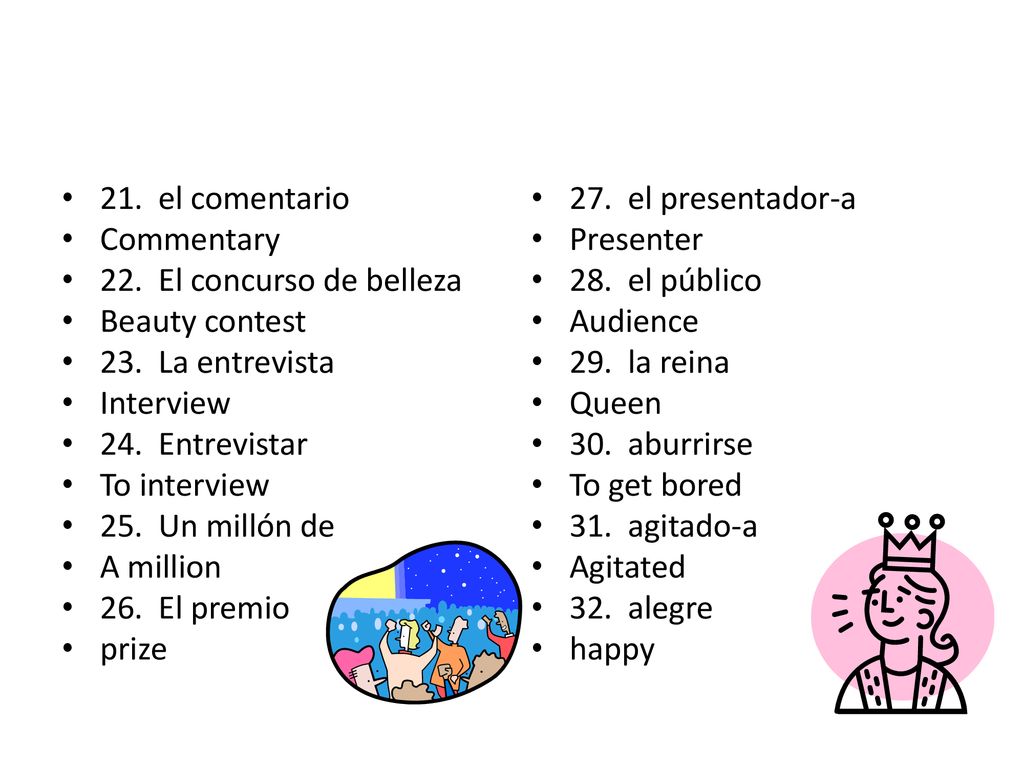 21. el comentario Commentary. 22. El concurso de belleza. Beauty contest. 23. La entrevista. Interview.