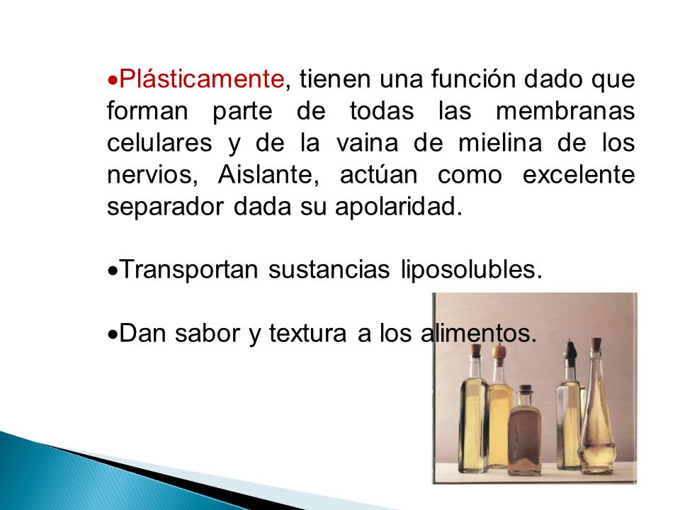 Plásticamente, tienen una función dado que forman parte de todas las membranas celulares y de la vaina de mielina de los nervios, Aislante, actúan como excelente separador dada su apolaridad.