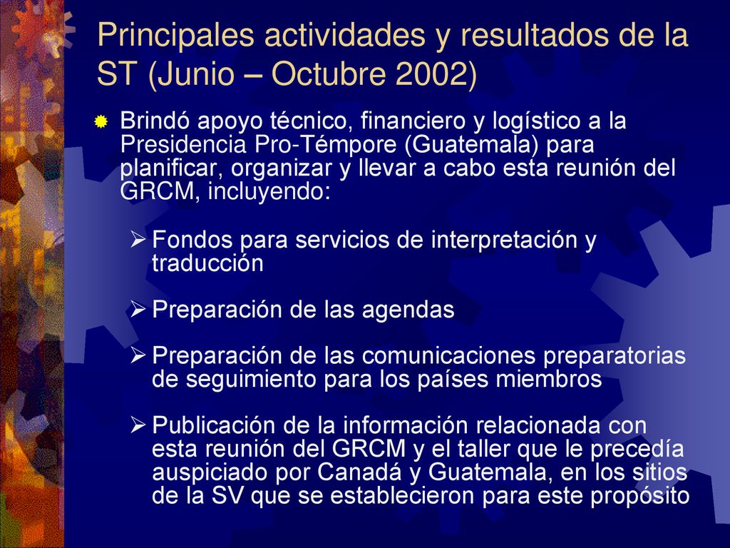 Principales actividades y resultados de la ST (Junio – Octubre 2002)