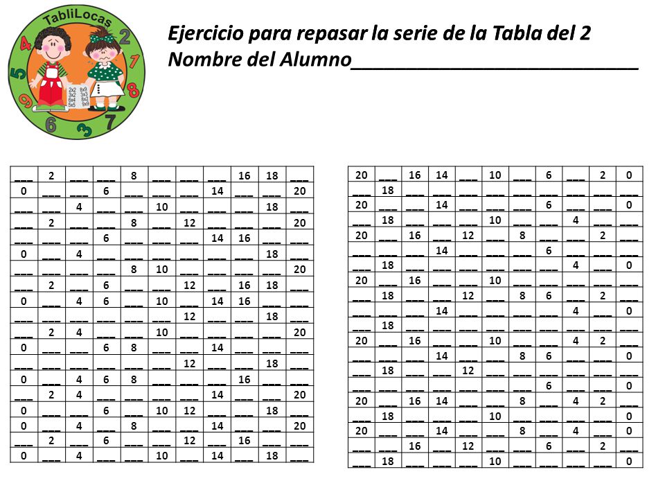 Ejercicio para repasar la serie de la Tabla del 2