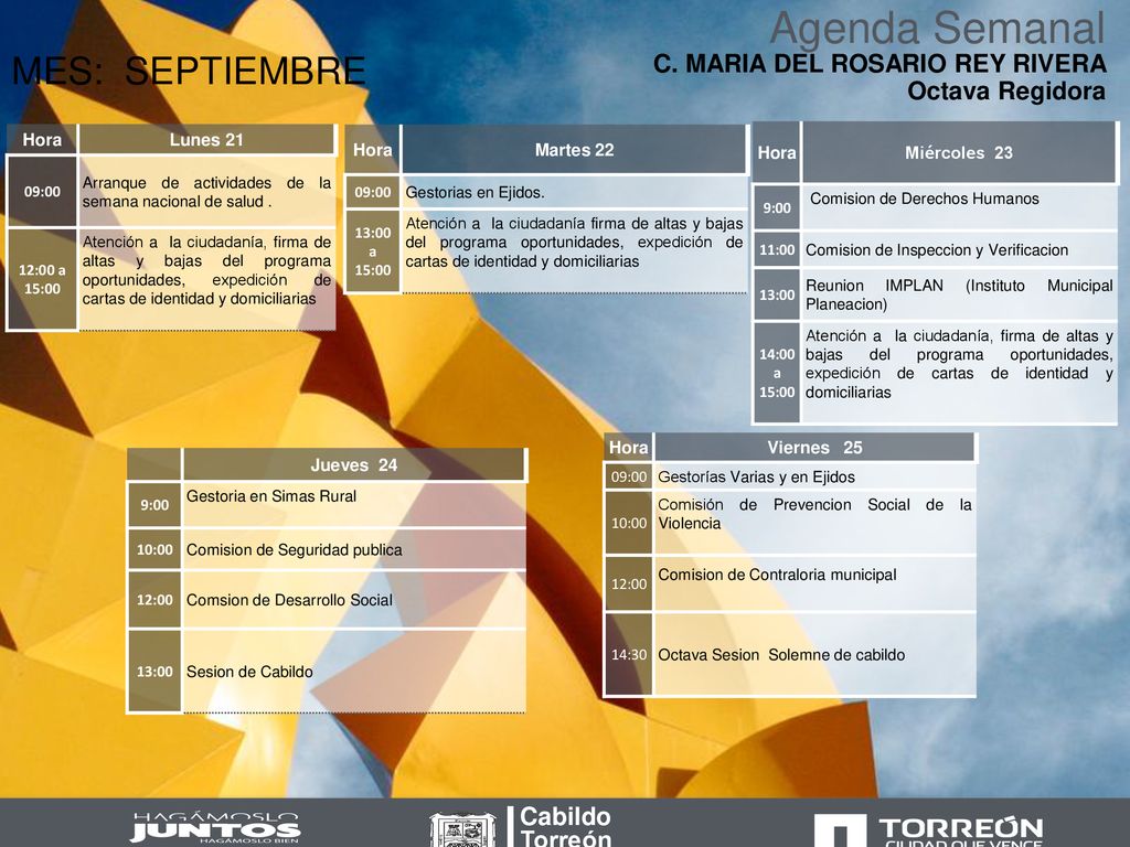 Agenda Semanal MES: SEPTIEMBRE C. MARIA DEL ROSARIO REY RIVERA