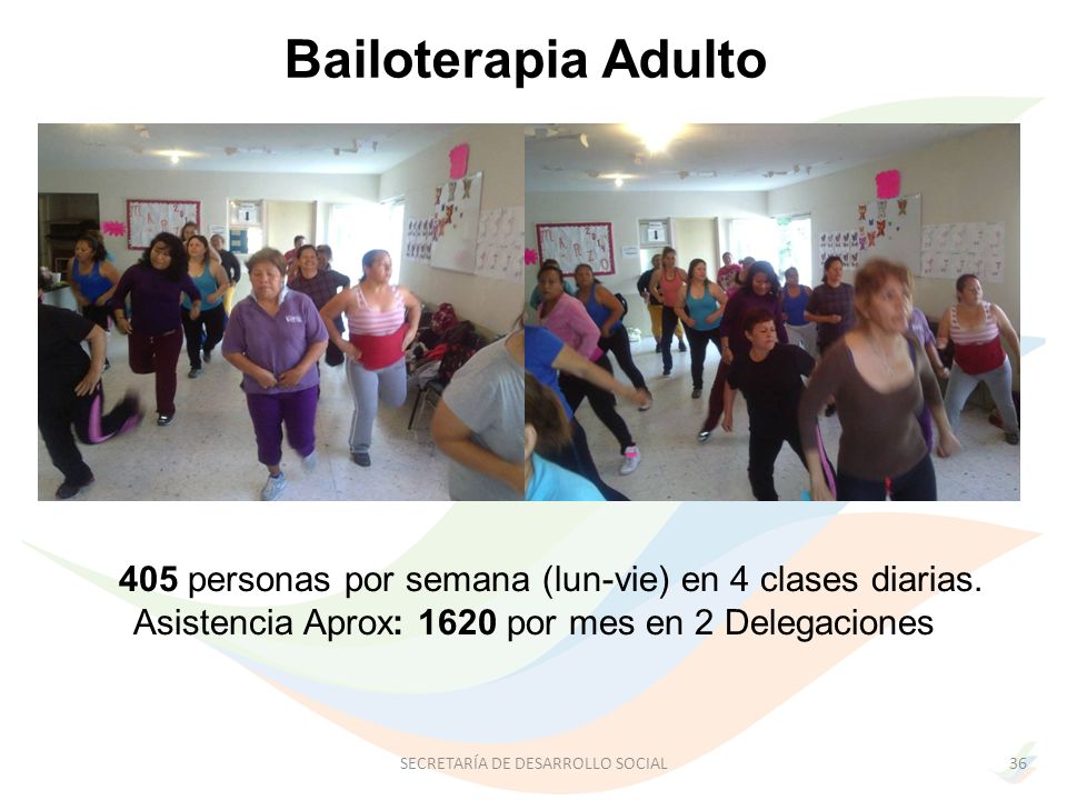 Bailoterapia Adulto 405 personas por semana (lun-vie) en 4 clases diarias. Asistencia Aprox: 1620 por mes en 2 Delegaciones.