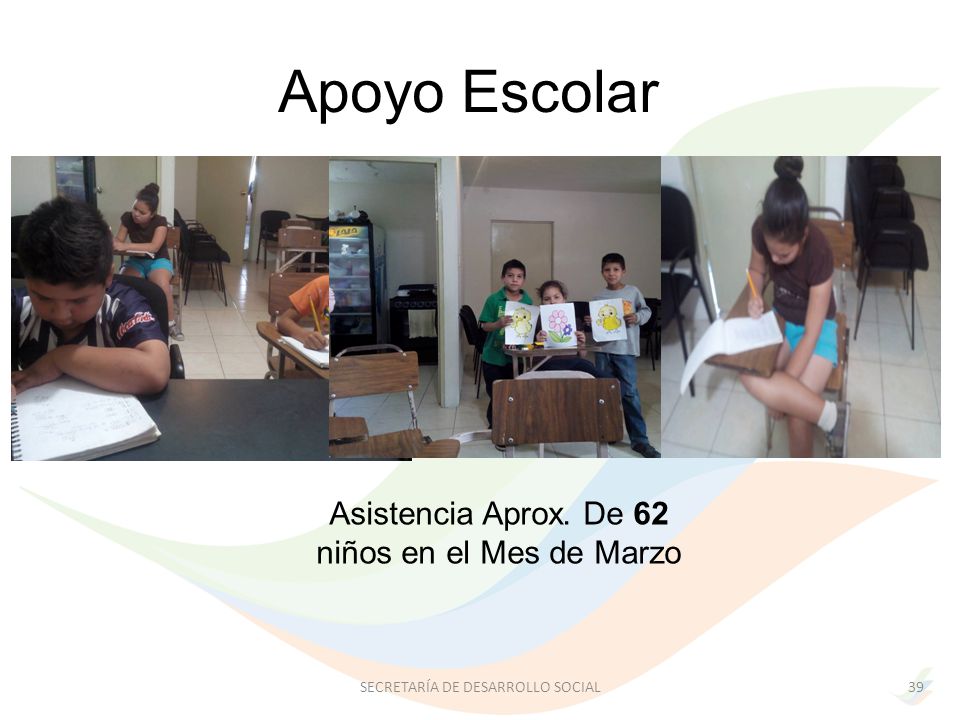 Apoyo Escolar Asistencia Aprox. De 62 niños en el Mes de Marzo