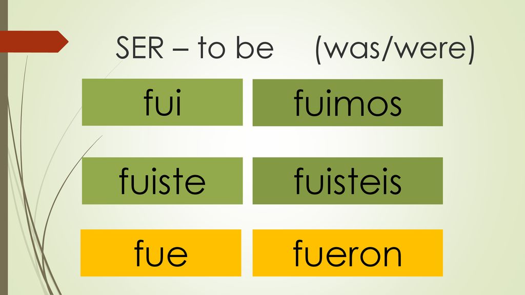 SER – to be (was/were) fui fuimos fuiste fuisteis fue fueron
