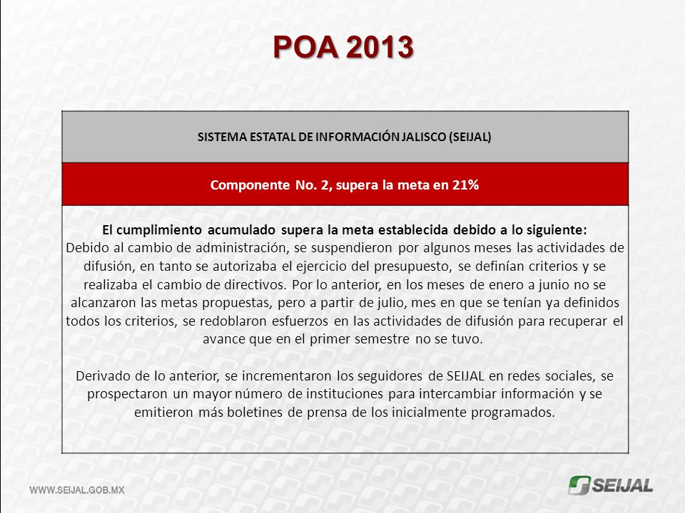 POA 2013 SISTEMA ESTATAL DE INFORMACIÓN JALISCO (SEIJAL) Componente No. 2, supera la meta en 21%