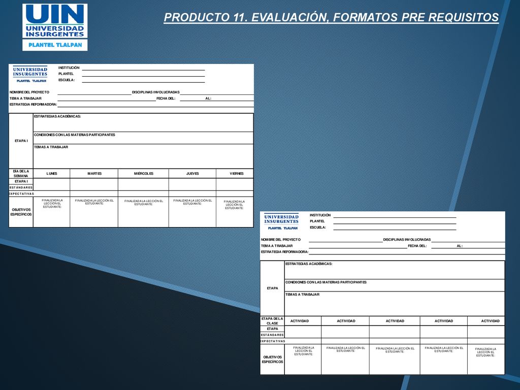 PRODUCTO 11. EVALUACIÓN, FORMATOS PRE REQUISITOS