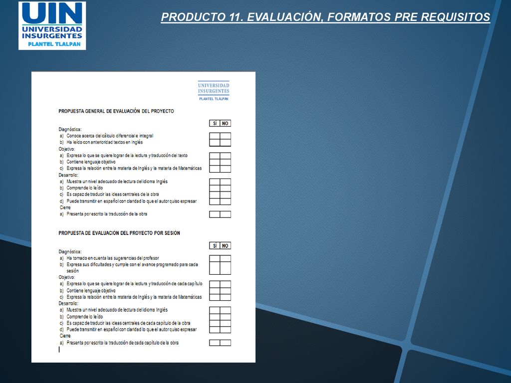 PRODUCTO 11. EVALUACIÓN, FORMATOS PRE REQUISITOS