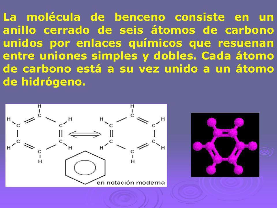 La molécula de benceno consiste en un anillo cerrado de seis átomos de carbono unidos por enlaces químicos que resuenan entre uniones simples y dobles.