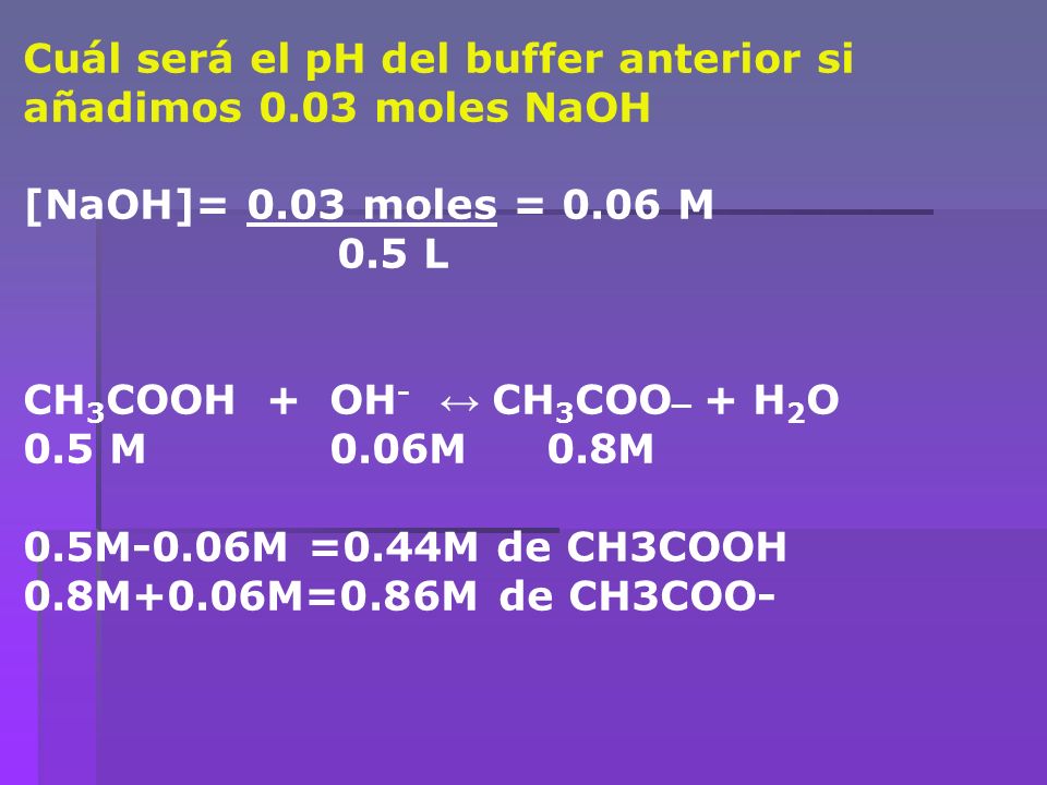 Cuál será el pH del buffer anterior si añadimos 0.03 moles NaOH