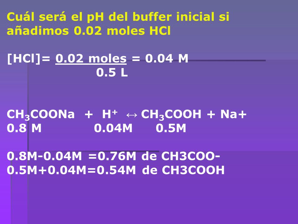 Cuál será el pH del buffer inicial si añadimos 0.02 moles HCl