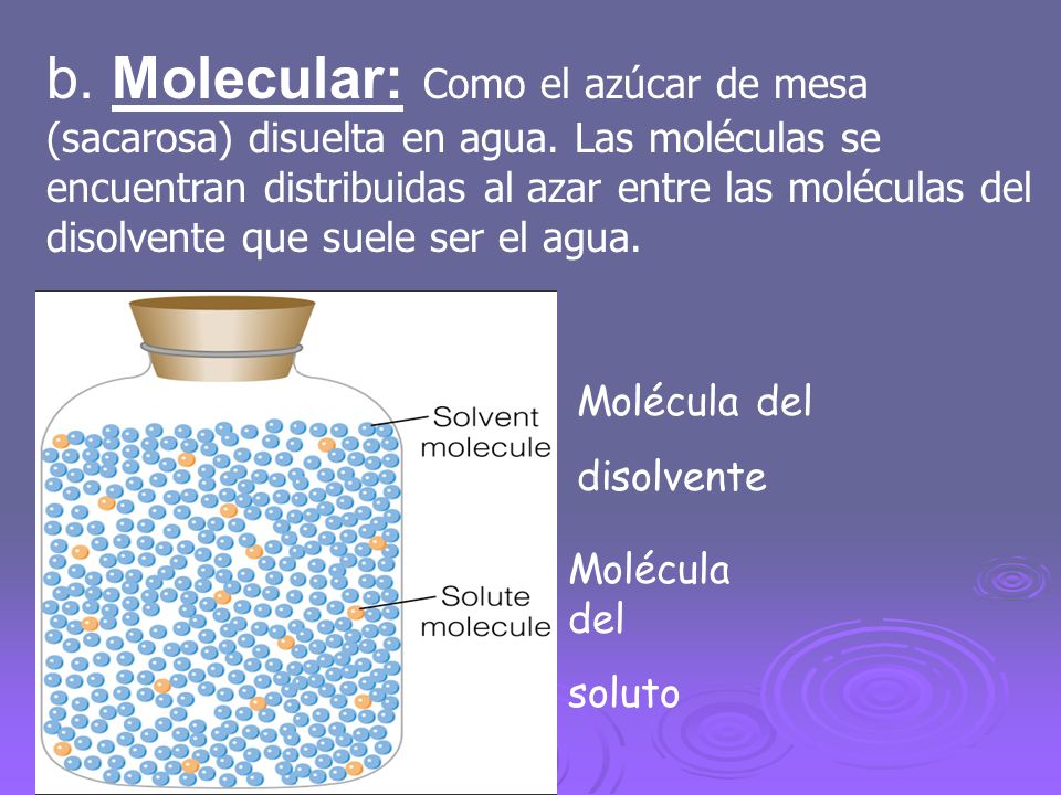 b. Molecular: Como el azúcar de mesa (sacarosa) disuelta en agua