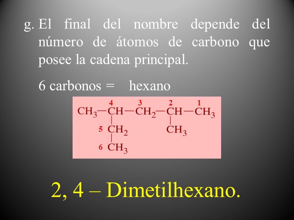 El final del nombre depende del número de átomos de carbono que posee la cadena principal.