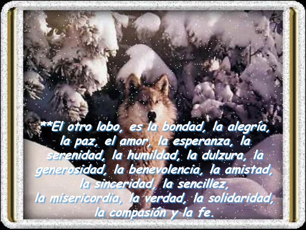 **El otro lobo, es la bondad, la alegría, la paz, el amor, la esperanza, la serenidad, la humildad, la dulzura, la generosidad, la benevolencia, la amistad, la sinceridad, la sencillez, la misericordia, la verdad, la solidaridad, la compasión y la fe.