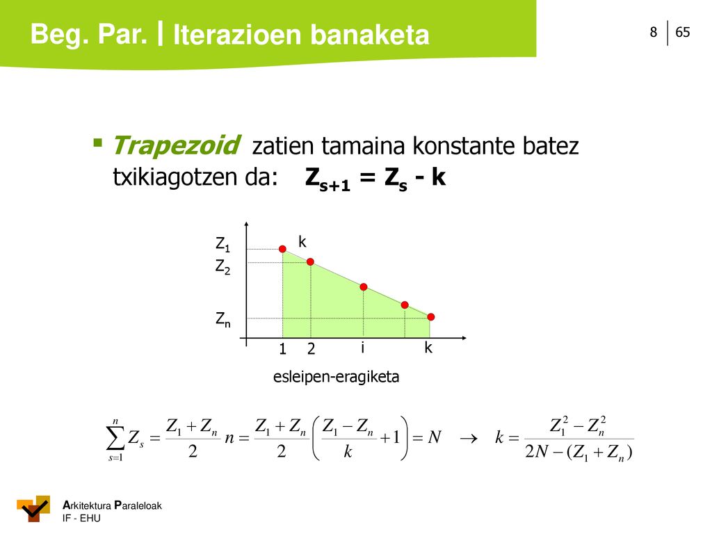 Iterazioen banaketa ▪ Trapezoid zatien tamaina konstante batez txikiagotzen da: Zs+1 = Zs - k. esleipen-eragiketa.