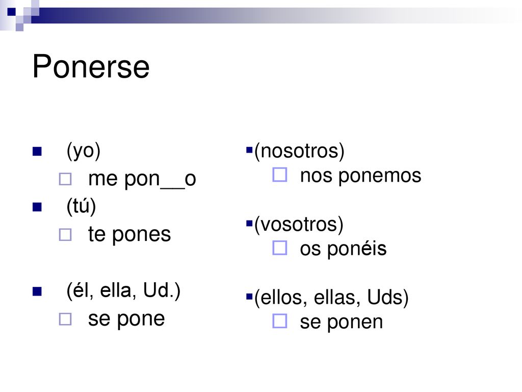 Ponerse me pon__o te pones se pone (yo) (nosotros) nos ponemos (tú)
