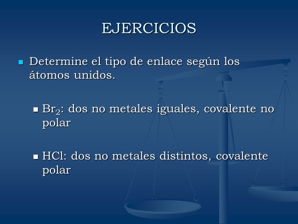 EJERCICIOS Determine el tipo de enlace según los átomos unidos.
