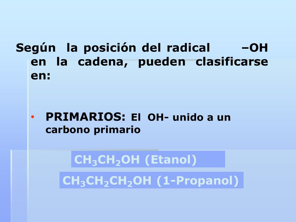 Según la posición del radical –OH en la cadena, pueden clasificarse en: