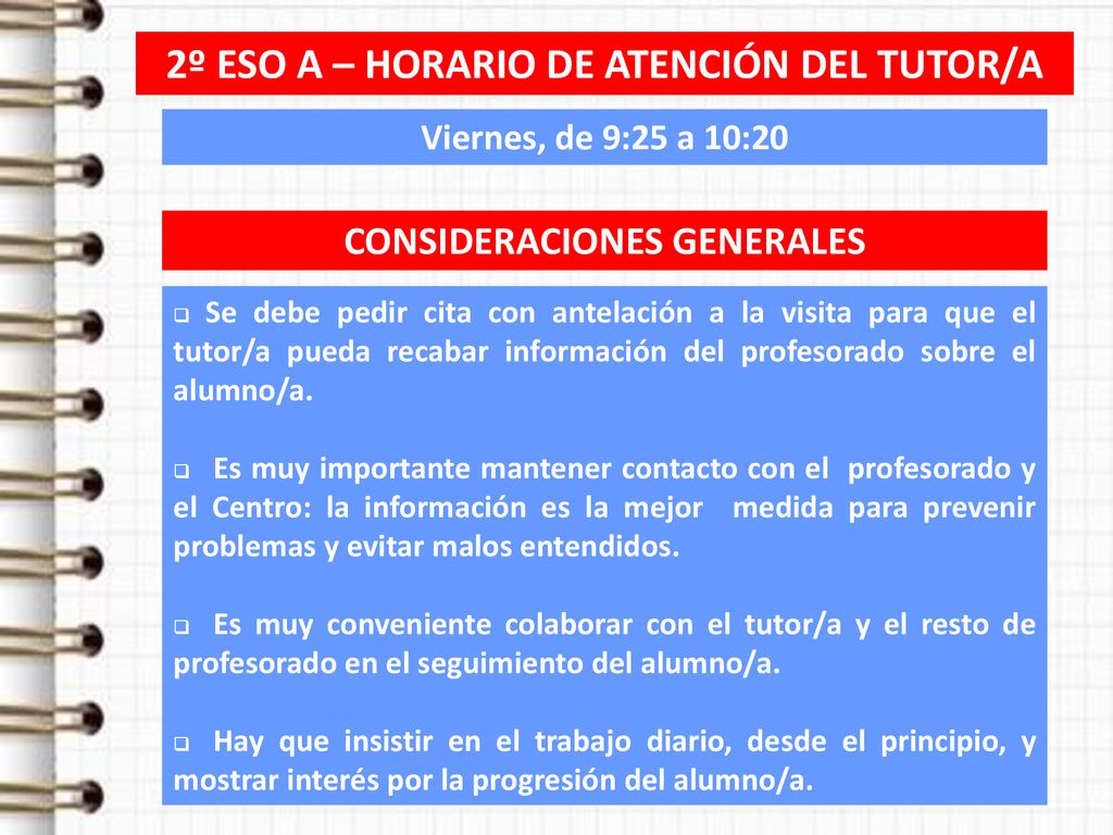 2º ESO A – HORARIO DE ATENCIÓN DEL TUTOR/A CONSIDERACIONES GENERALES