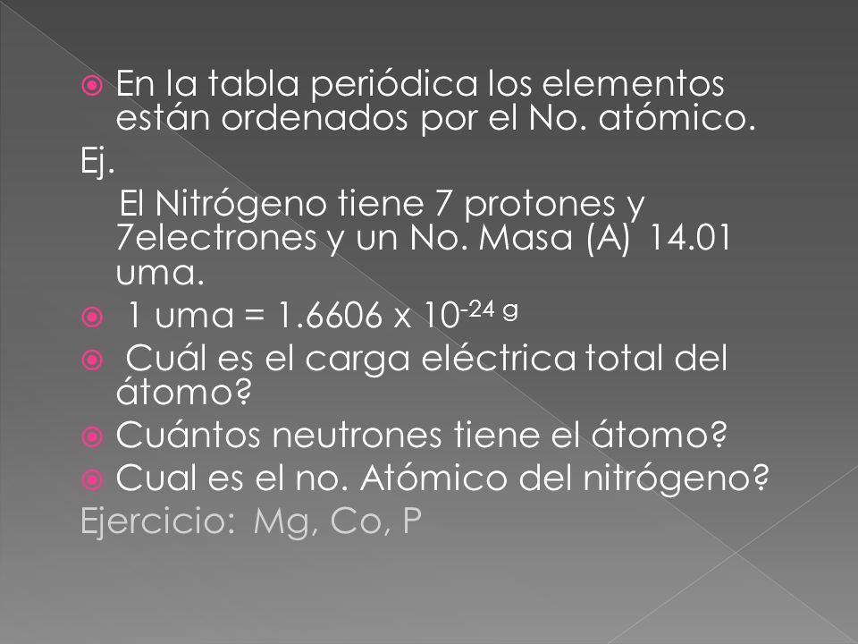 En la tabla periódica los elementos están ordenados por el No. atómico.