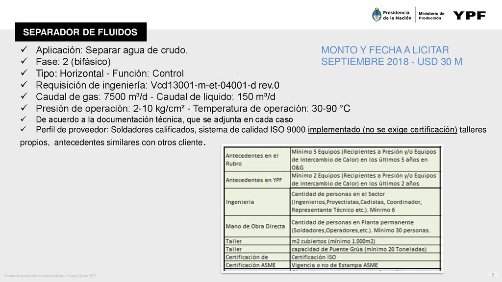 Aplicación: Separar agua de crudo. MONTO Y FECHA A LICITAR