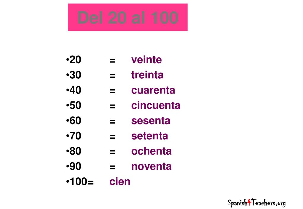 Del 20 al = veinte 30 = treinta 40 = cuarenta 50 = cincuenta