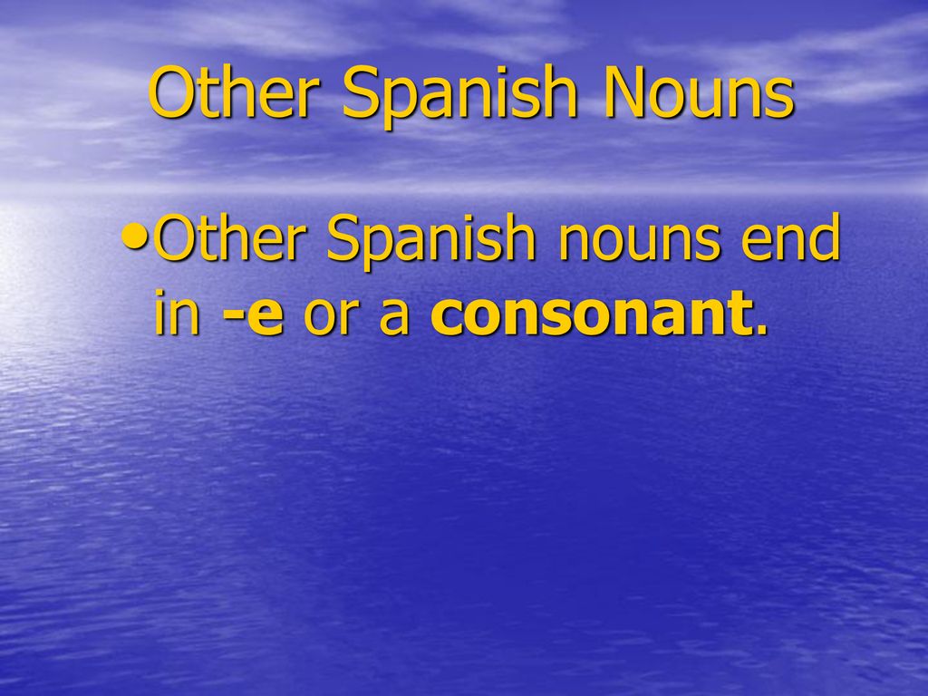 Other Spanish Nouns Other Spanish nouns end in -e or a consonant.