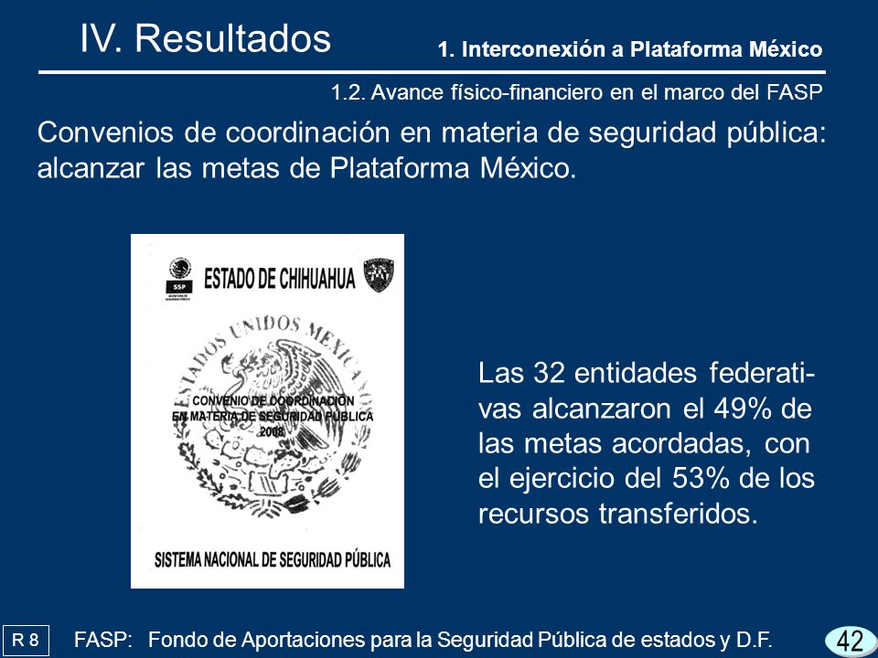 IV. Resultados 1. Interconexión a Plataforma México Avance físico-financiero en el marco del FASP.