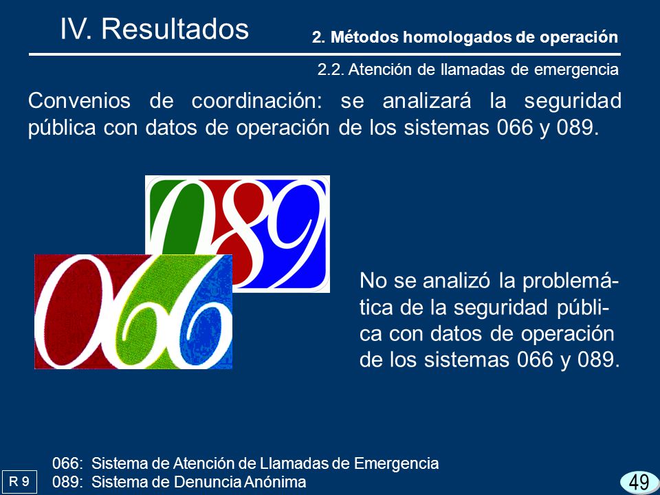 IV. Resultados 2. Métodos homologados de operación Atención de llamadas de emergencia.
