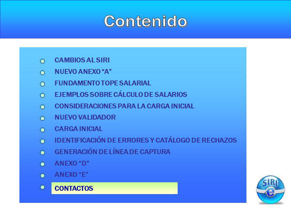 Contenido Contenido CAMBIOS AL SIRI NUEVO ANEXO A CARGA INICIAL