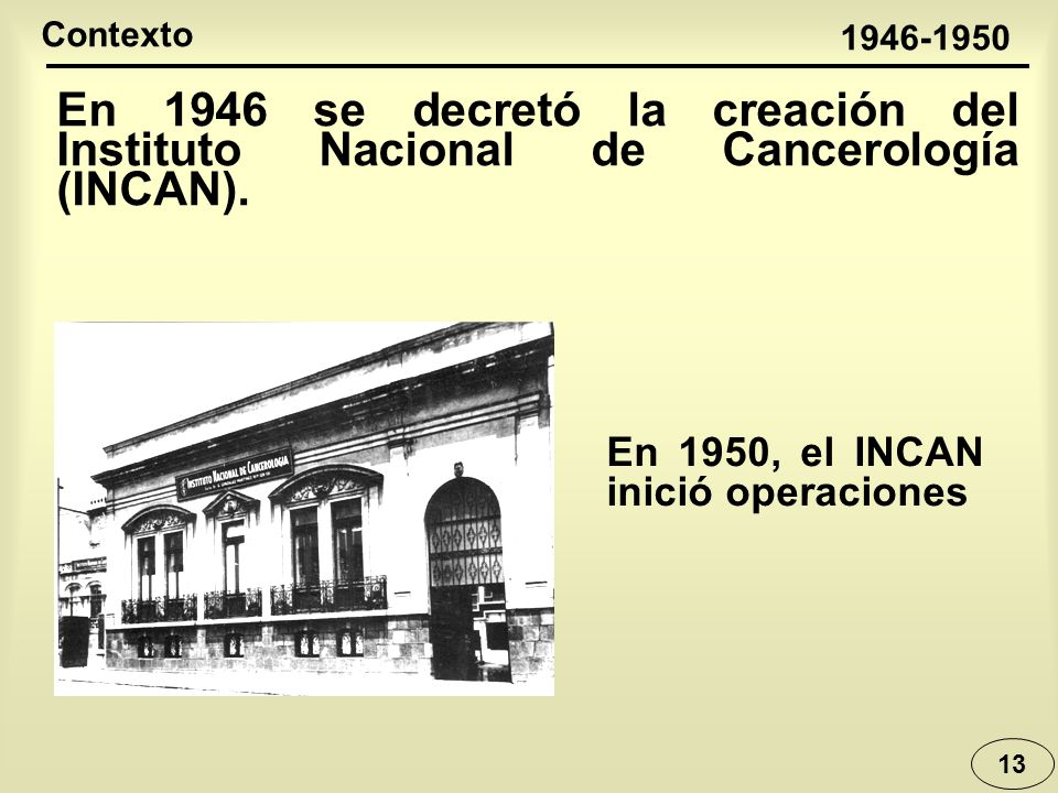 Contexto En 1946 se decretó la creación del Instituto Nacional de Cancerología (INCAN).
