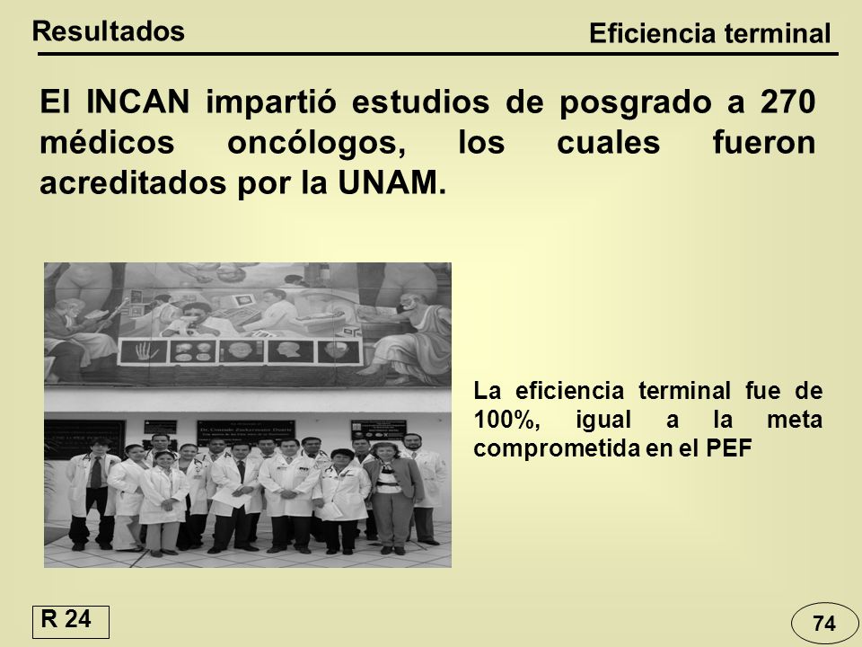 Resultados Eficiencia terminal. El INCAN impartió estudios de posgrado a 270 médicos oncólogos, los cuales fueron acreditados por la UNAM.