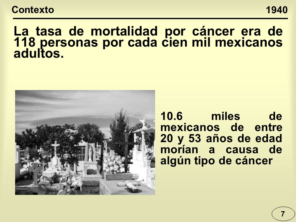 Contexto La tasa de mortalidad por cáncer era de 118 personas por cada cien mil mexicanos adultos.