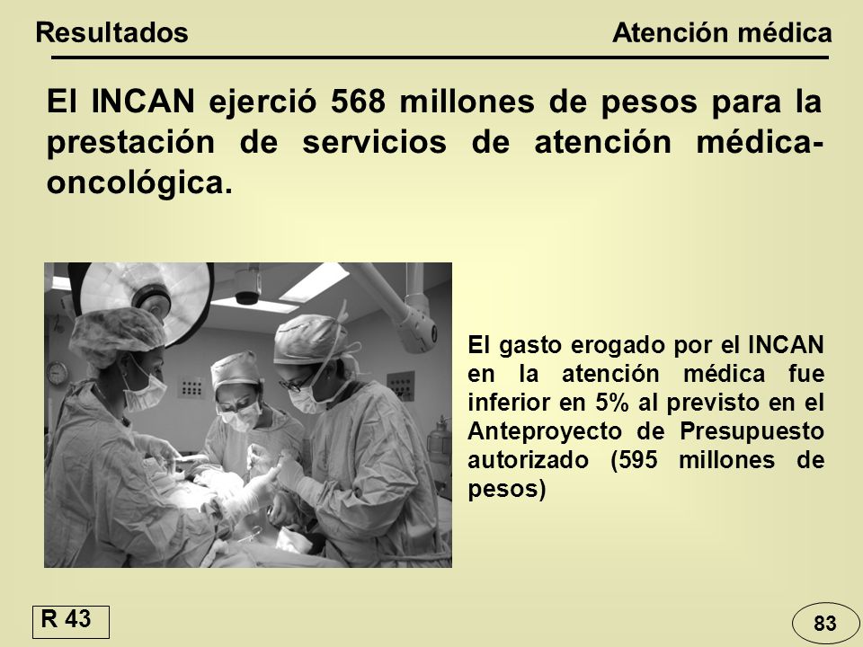 Resultados Atención médica. El INCAN ejerció 568 millones de pesos para la prestación de servicios de atención médica-oncológica.