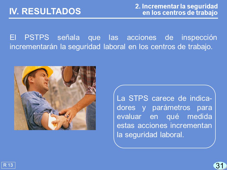 IV. RESULTADOS 2. Incrementar la seguridad en los centros de trabajo.
